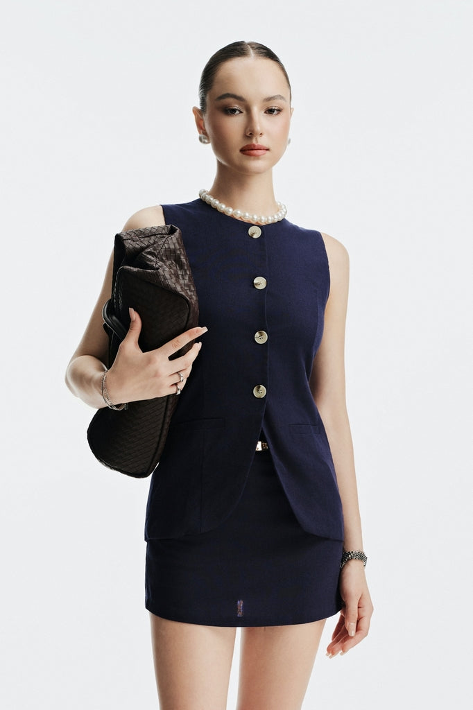 CLARA LINEN MINI SKIRT - DARK BLUE