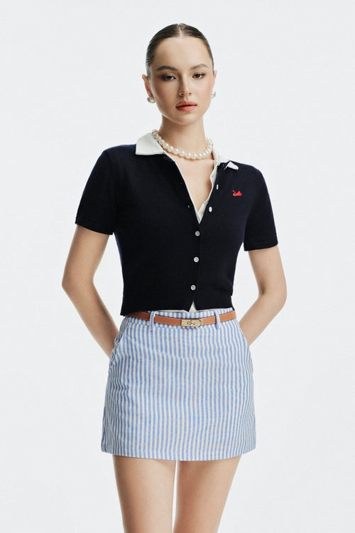 CLARA LINEN MINI SKIRT - STRIPED BLUE